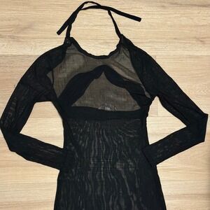 Vintage 2000 Victoria's Secret Black Sheer Mesh Maxi Dress Cover Up Halter S